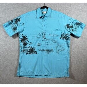 Vintage Casual Wear Men's L Turquoise Hawaii Map Palm Tree Aloha Shirt